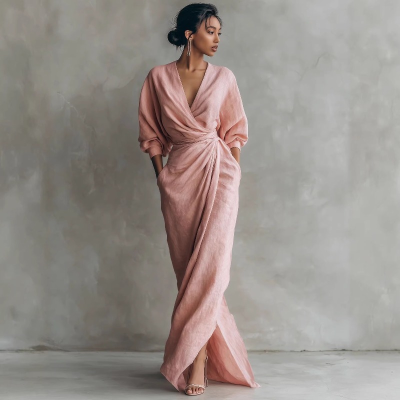 Women's Pink Linen Wrap Maxi D - مراجعة Linen Dress Wrap وسعره