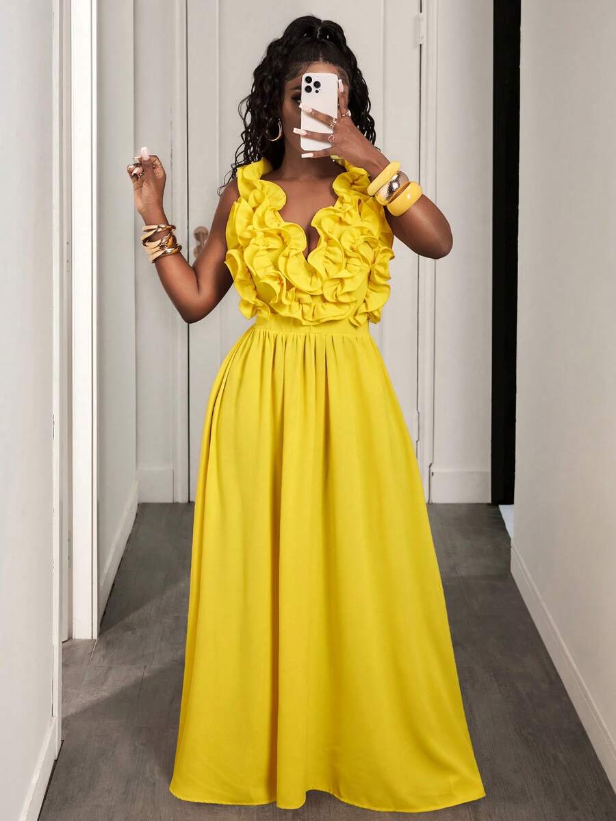 Yellow Deep V-Neck Ruffle Halt - مراجعة Maxi Dress Halter وسعره