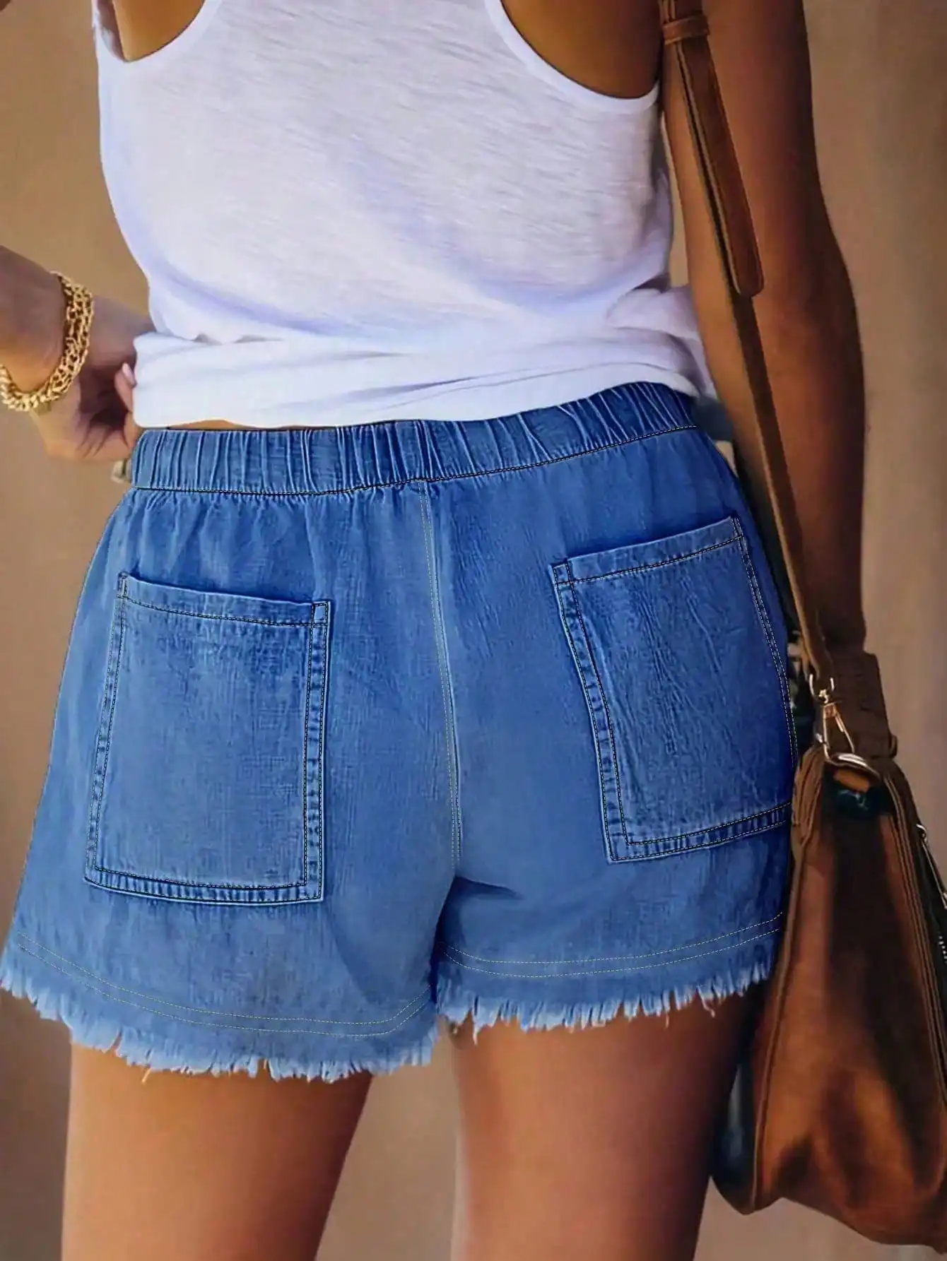 Women's Elastic Waist Frayed H - مراجعة Shorts Denim Frayed وسعره
