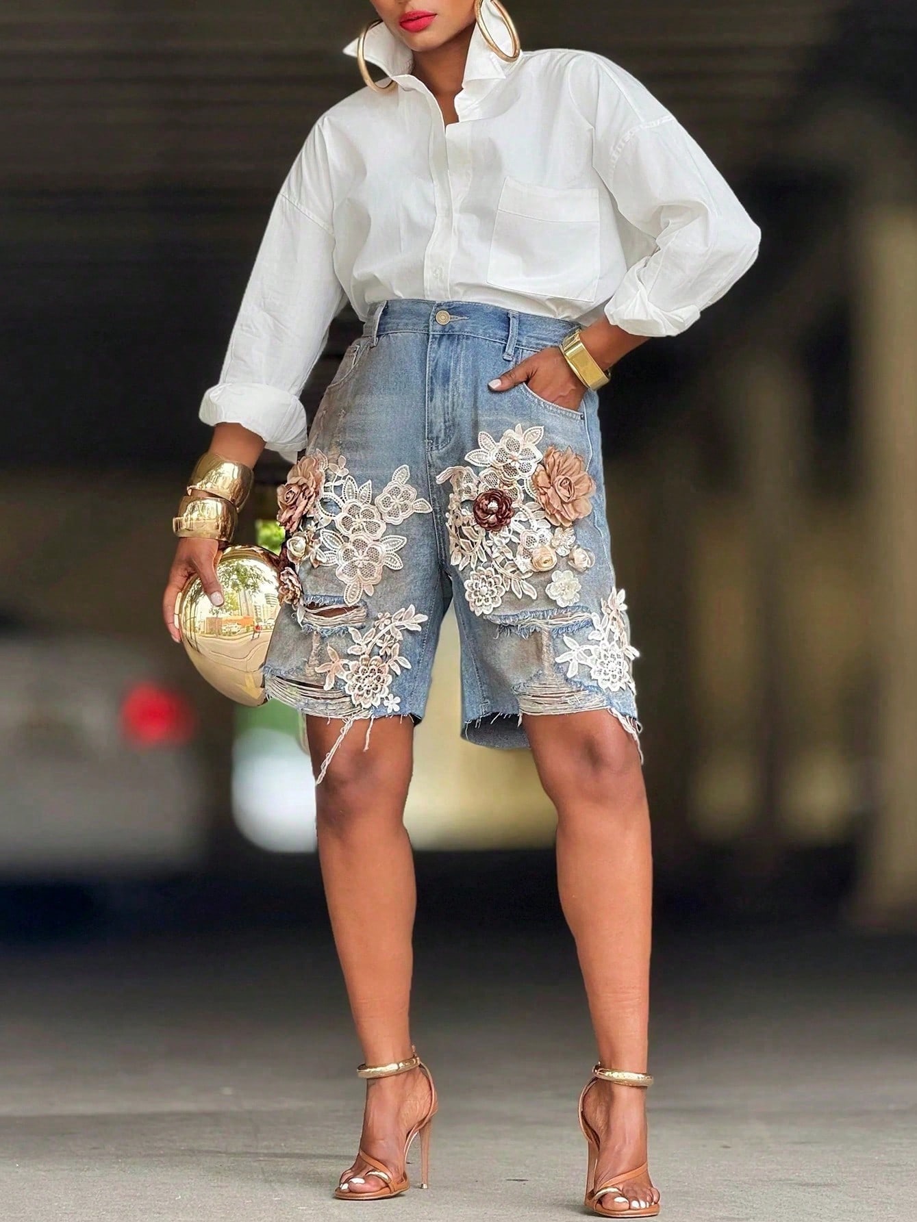 GLOURI Women 3D Floral Appliqu - مراجعة Shorts Denim Frayed وسعره