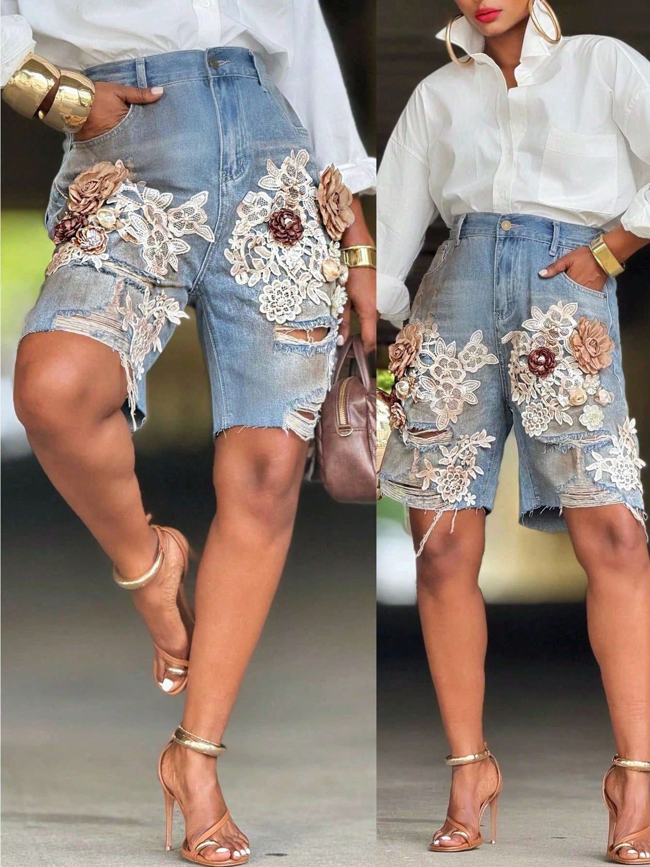 GLOURI Women 3D Floral Appliqu - مراجعة Shorts Denim Frayed وسعره