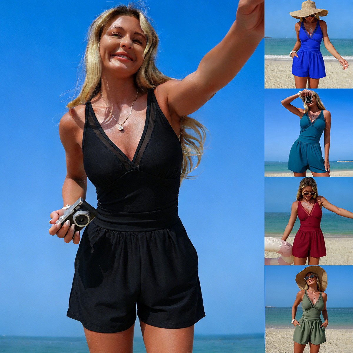 Black Solid Color Sleeveless V - مراجعة Swimsuit Bikini Ruched وسعره