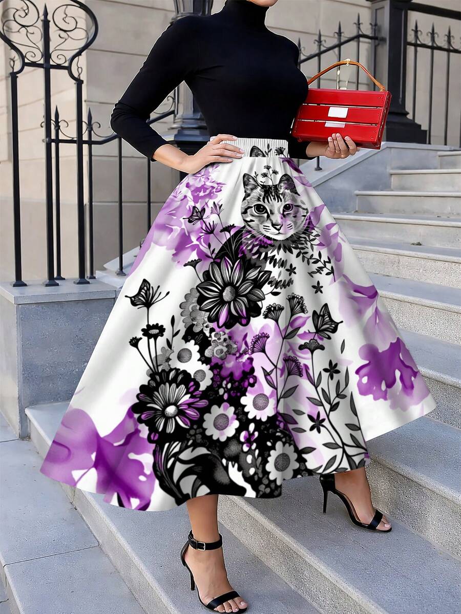 Oversized Floral Cat Print Mid - مراجعة Midi Skirt Floral وسعره