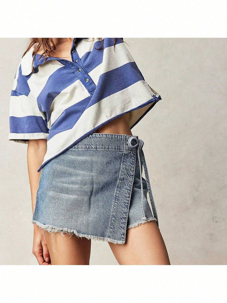 Women Denim Wrap Skort High Wa - مراجعة Shorts Denim Frayed وسعره