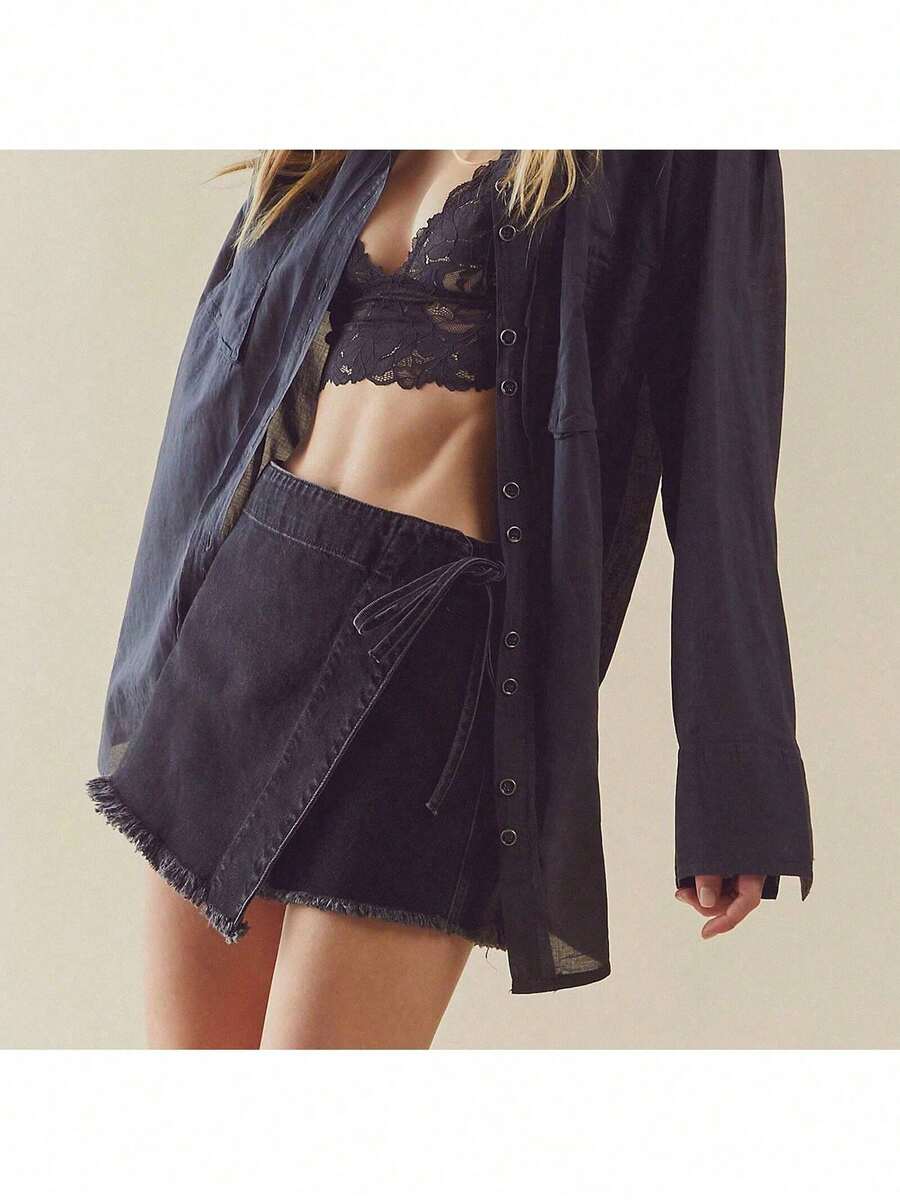 Women Denim Wrap Skort High Wa - مراجعة Shorts Denim Frayed وسعره