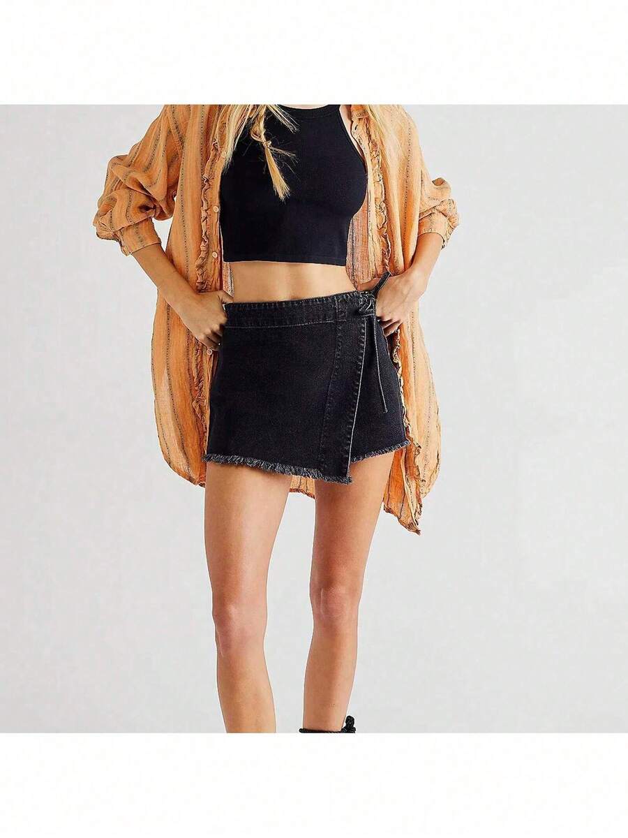 Women Denim Wrap Skort High Wa - مراجعة Shorts Denim Frayed وسعره