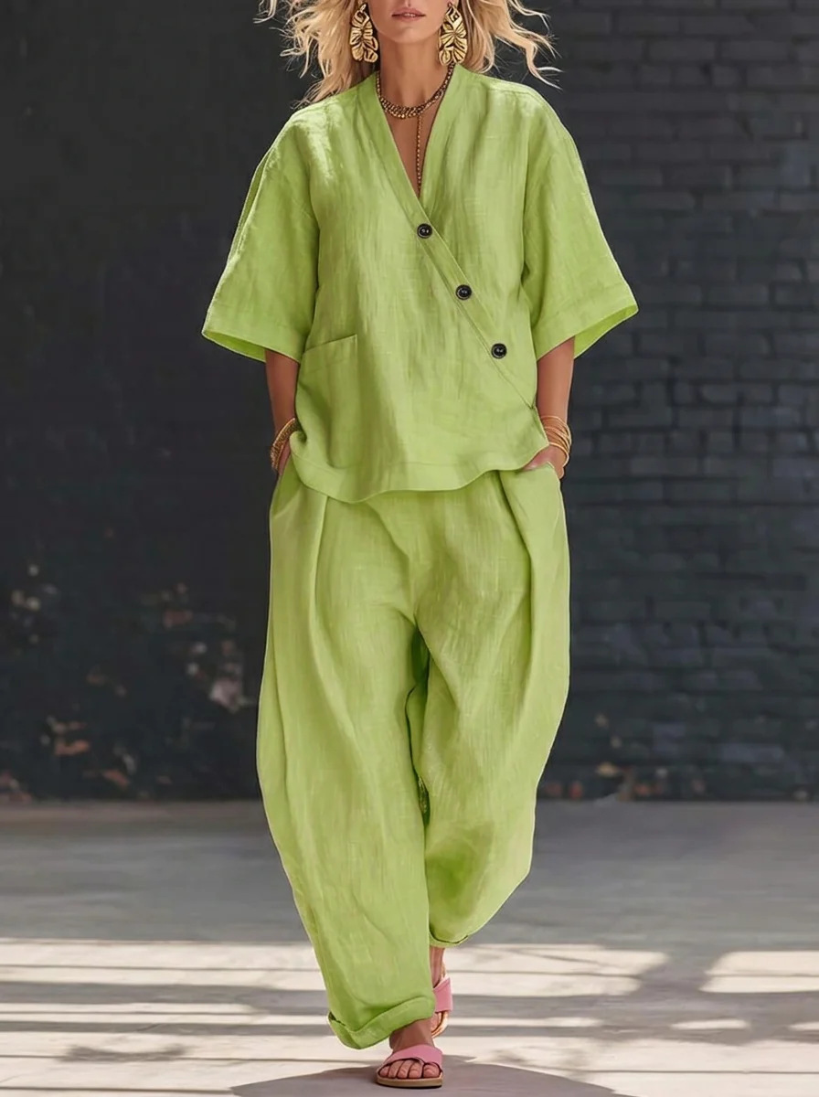Women’s Two Piece Set Loose V  - مراجعة Linen Pant Wide وسعره