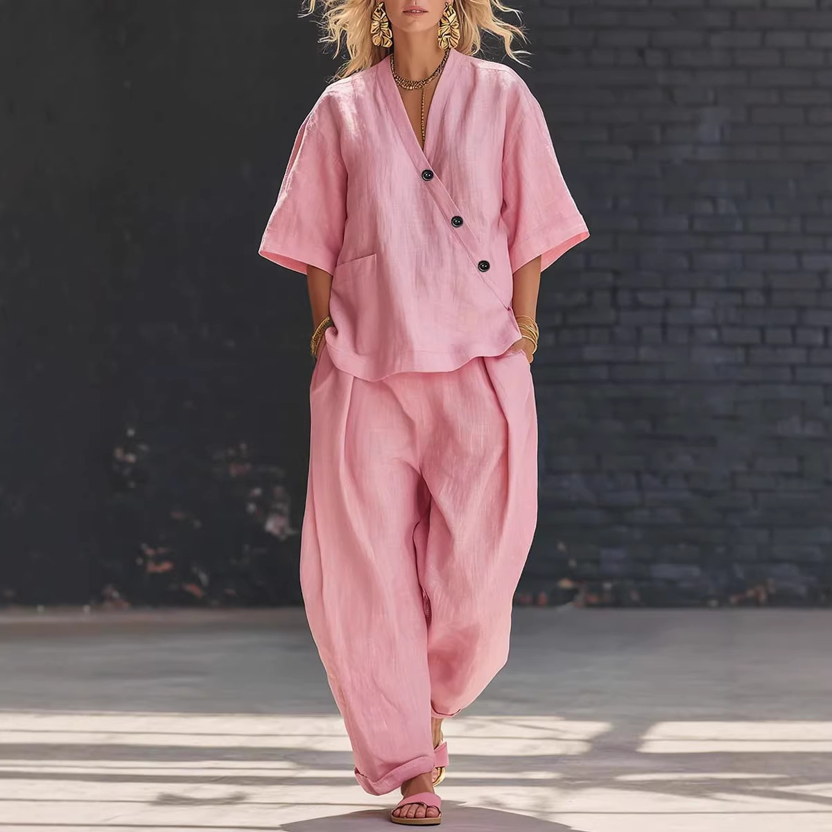 Women’s Two Piece Set Loose V  - مراجعة Linen Pant Wide وسعره