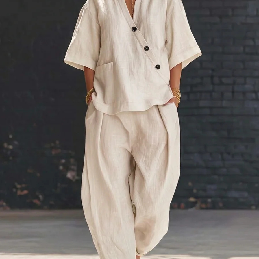Women’s Two Piece Set Loose V  - مراجعة Linen Pant Wide وسعره