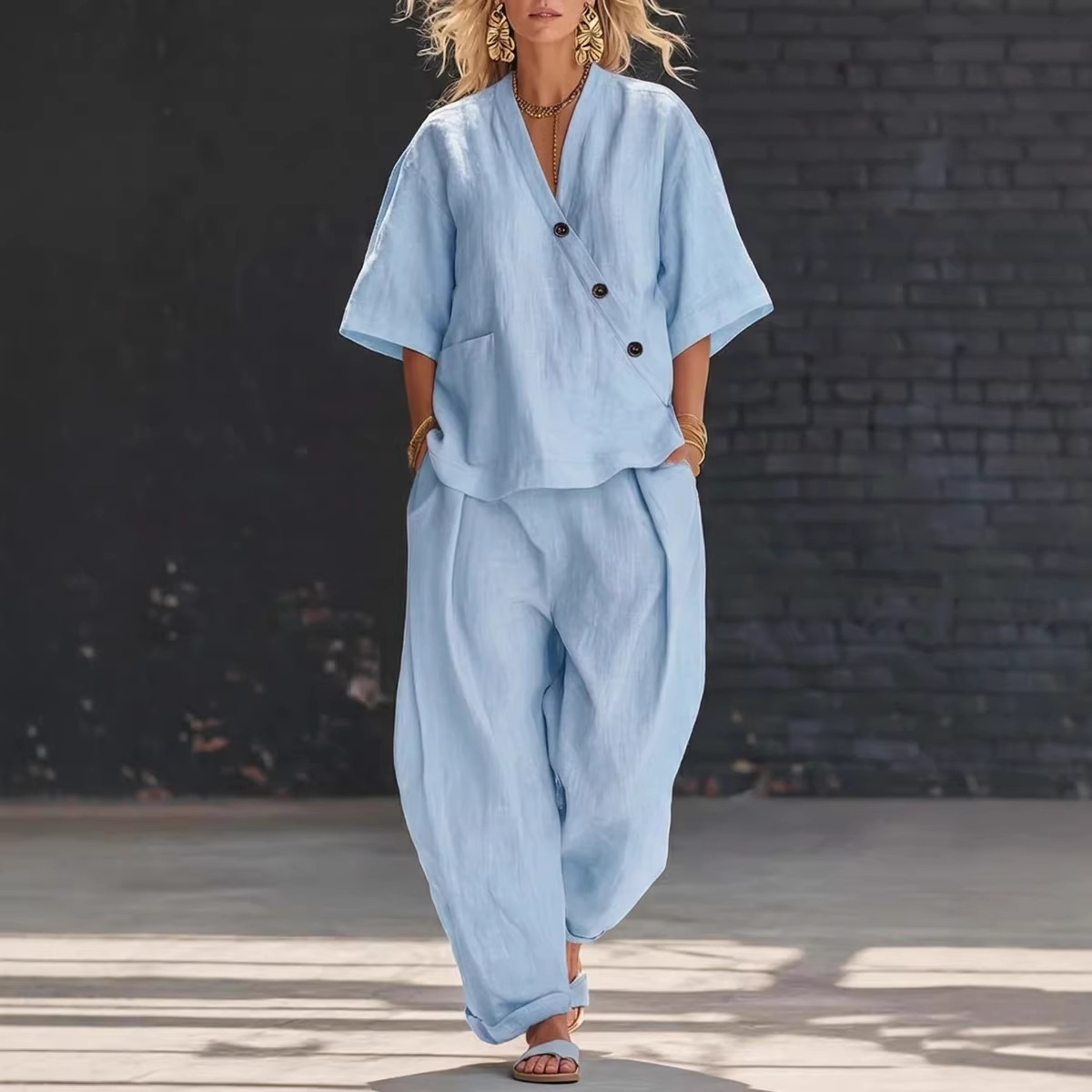 Women’s Two Piece Set Loose V  - مراجعة Linen Pant Wide وسعره